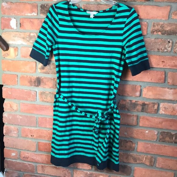BANANA REPUBLIC Y2K Cotton Striped T Shirt Tunic Dress Top NavyGreen Belt CrewXS - Picture 1 of 11